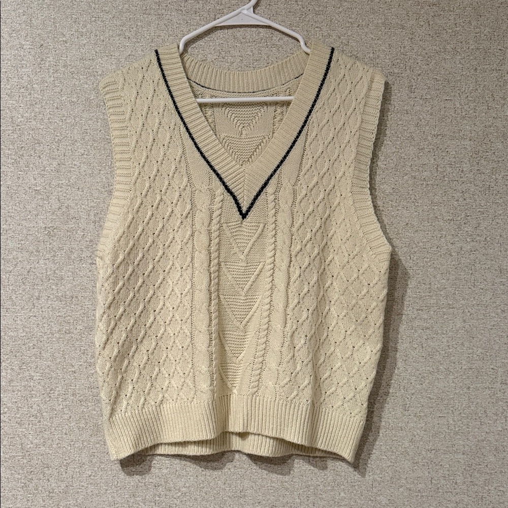 SHEIN Beige V-Neck Cable Knit Sweater Vest